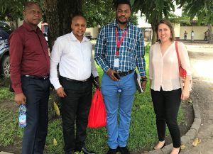 The Growing Up GREAT team outside the office of the MOH National Reproductive Health Program; (L to R): Hippolyte Nkoy, Eric Kasongo, Pierrot Mbela and Jennifer Gayles (photo credit: Save the Children)